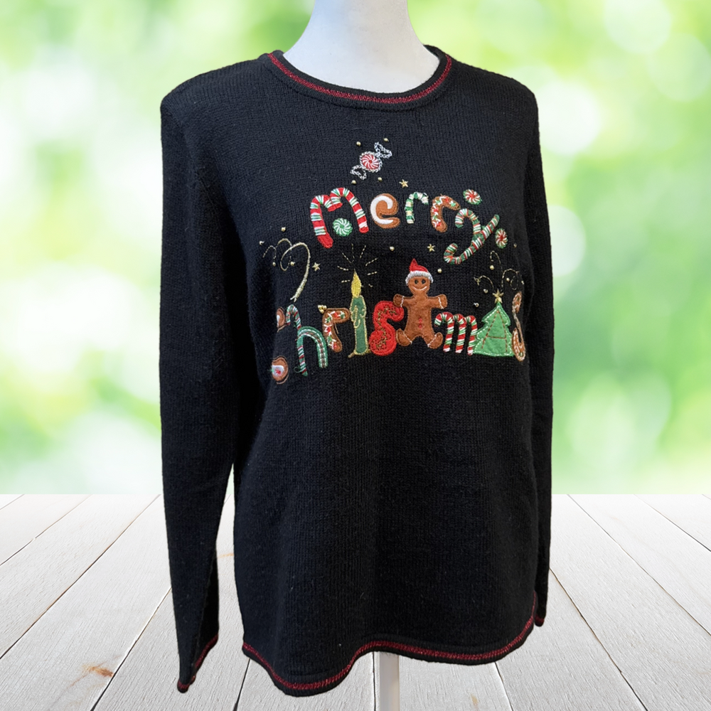 OLD NAVY Merry Christmas Sweater Embroidered Gingerbread Candy Cane Black Size M